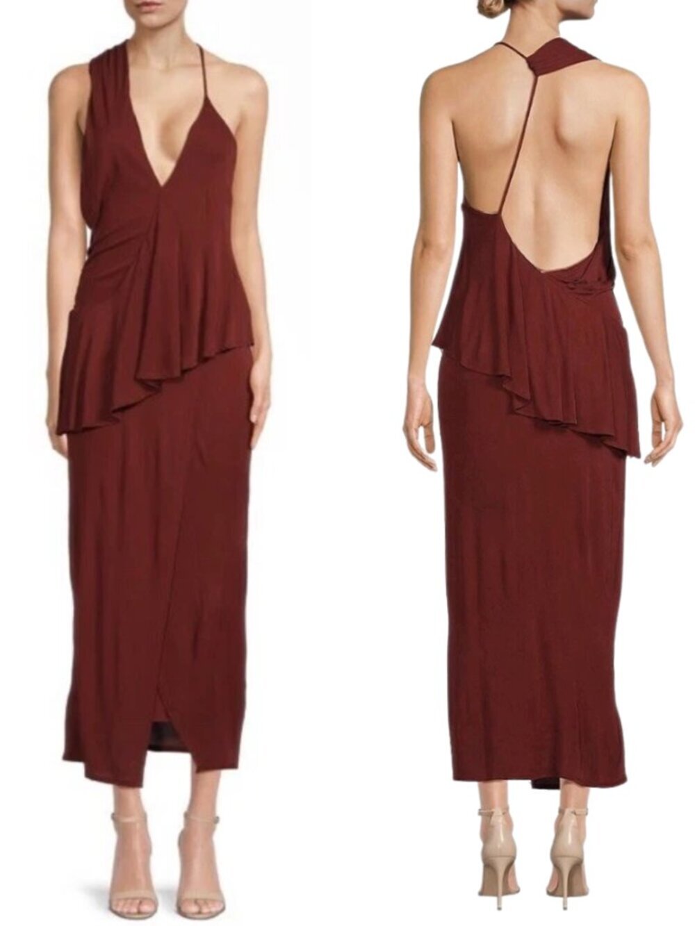REISS Xena Asymmetric Strappy Open Back Cocktail Dress in Dark Red Sz. 6